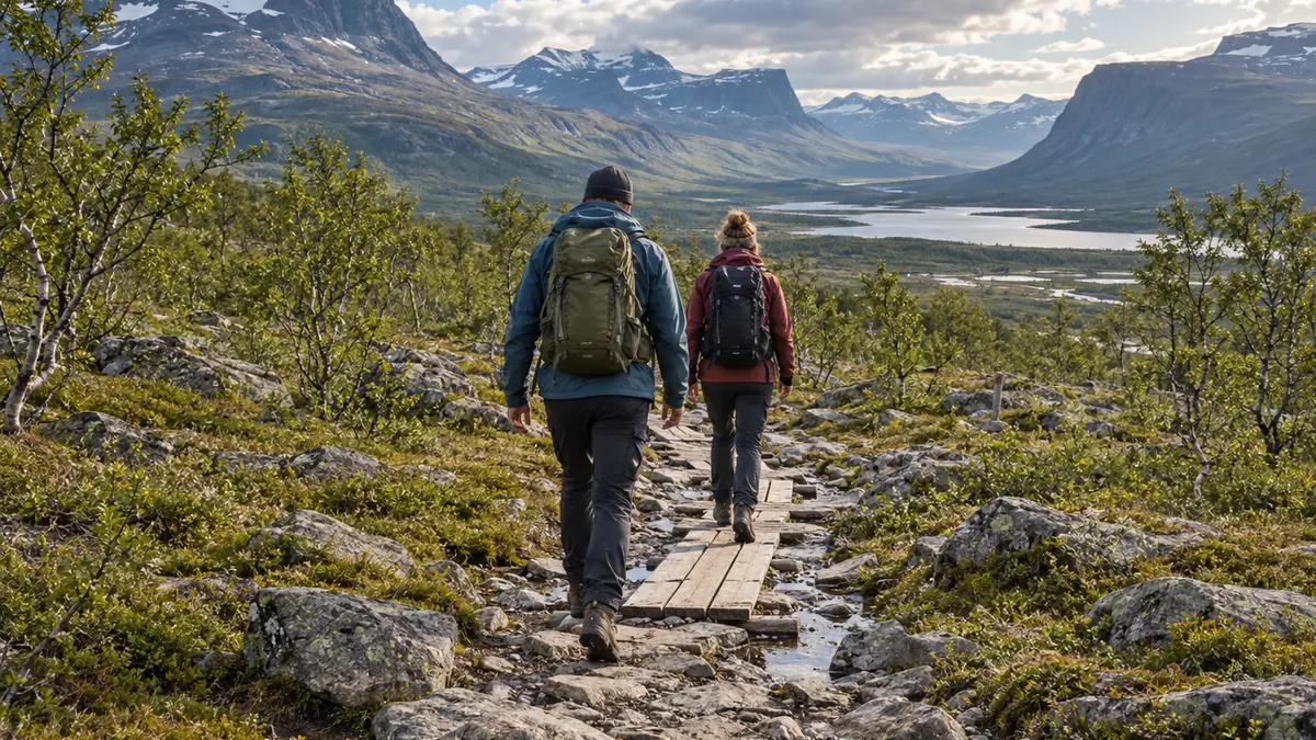 Randonneurs équipés sur un sentier du parc national d’Abisko en été