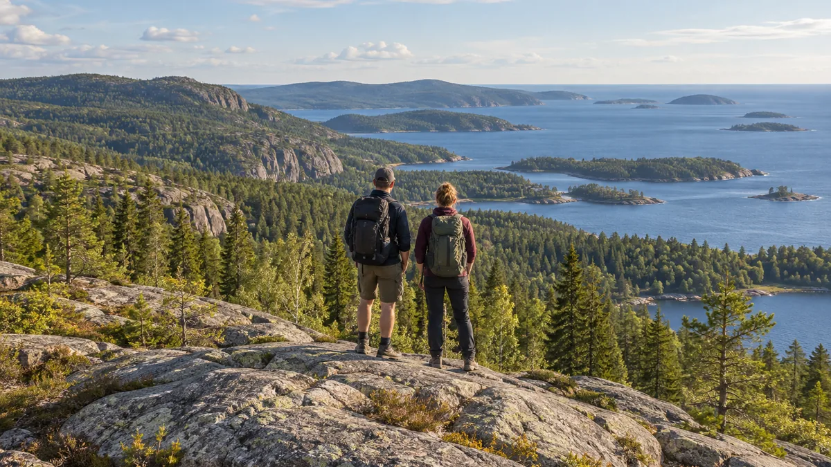 Randonneurs sur les rochers de Skuleskogen face au littoral suédois