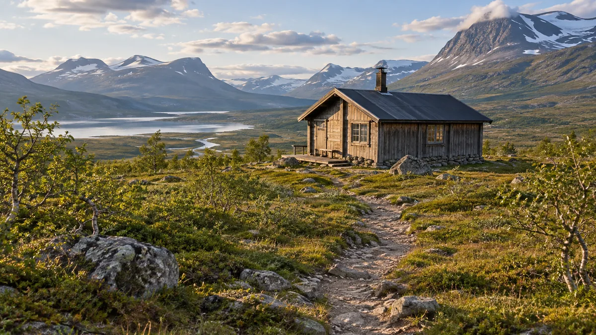 Refuge en bois au bord du sentier Kungsleden en Laponie