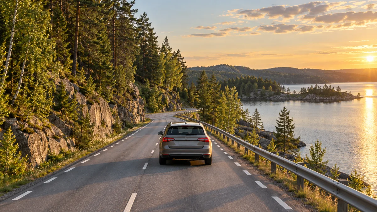 Voiture sur une route entre une forêt et un lac pendant un road trip en Suède