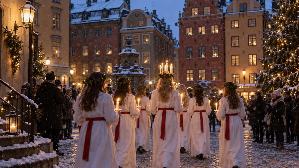 Procession de Sainte-Lucie vêtue de blanc à Stockholm