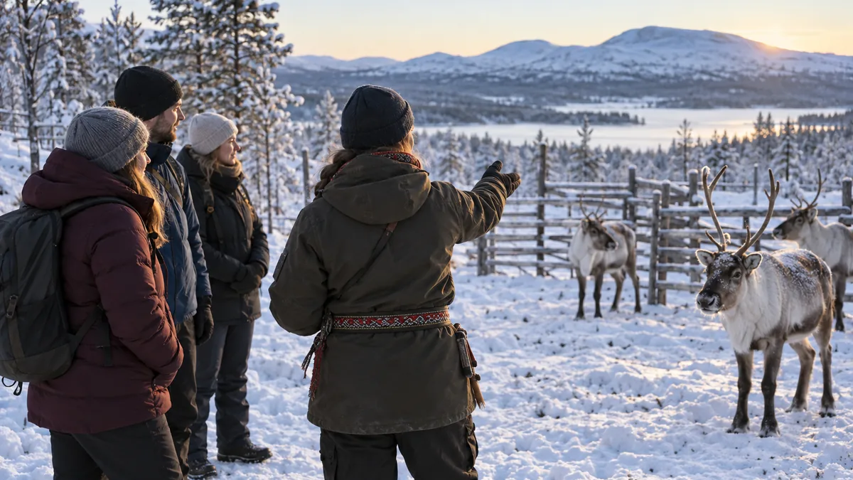 Guide sami présentant la culture samie dans un paysage enneigé de Suède