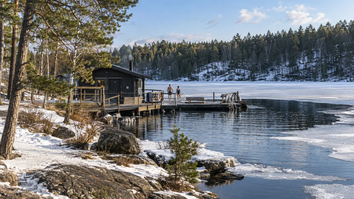Sauna de Hellasgården et ponton sur le lac Källtorpssjön