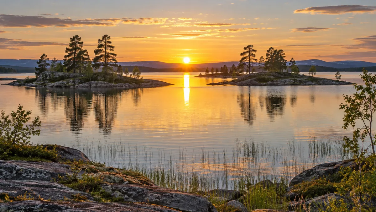 Soleil de minuit au-dessus d’un lac dans le nord de la Suède