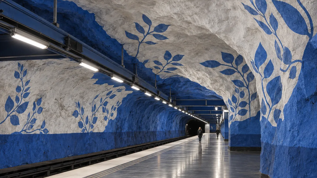 Décor bleu et blanc des quais de T-Centralen dans le métro de Stockholm