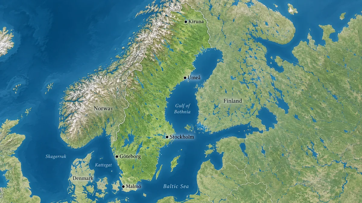 Carte de la Suède avec Stockholm, Göteborg, Malmö, Umeå, Kiruna et les pays voisins
