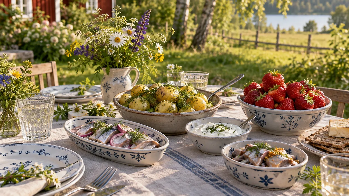Table de midsommar avec hareng mariné, pommes de terre à l’aneth et fraises