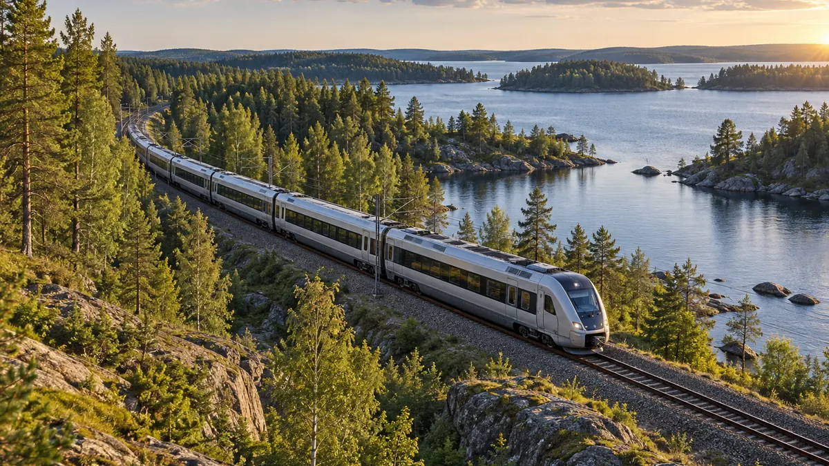 Train en Suède circulant dans un paysage de forêts et de lacs