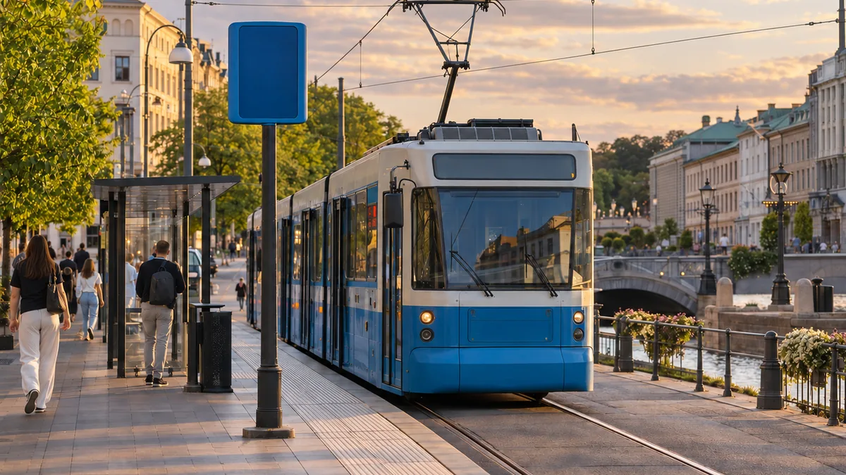 Tram bleu circulant dans le centre de Göteborg