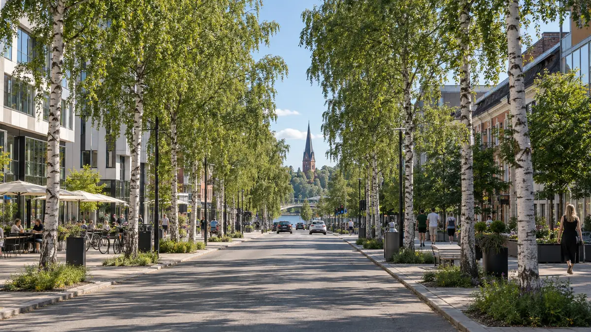 Centre-ville d’Umeå en Suède avec ses avenues bordées de bouleaux