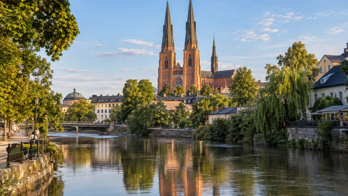 Cathédrale d’Uppsala vue depuis la rivière Fyrisån en Suède