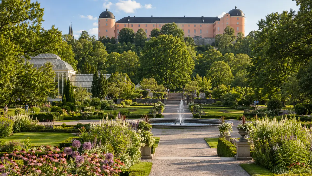 Jardin botanique et château rose d’Uppsala sous un ciel d’été