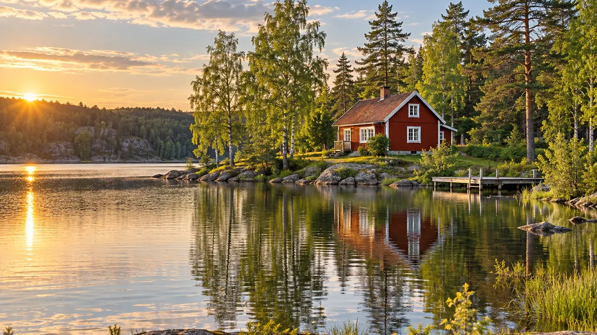 Voyager en Suède entre forêt, lac et maison traditionnelle rouge